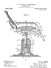 Kép betöltése a galériamegjelenítőbe: Borbély szék, vintage, industrial stílusú poszter 1910-es amerikai szabadalmi bejegyzés műszaki rajza