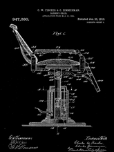 Kép betöltése a galériamegjelenítőbe: Borbély szék, vintage, industrial stílusú poszter 1910-es amerikai szabadalmi bejegyzés műszaki rajza