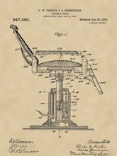 Kép betöltése a galériamegjelenítőbe: Borbély szék, vintage, industrial stílusú poszter 1910-es amerikai szabadalmi bejegyzés műszaki rajza