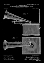 Kép betöltése a galériamegjelenítőbe: Gramofon vintage, industrial stílusú poszter, 1904-es amerikai szabadalmi rajz alapján