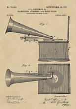 Kép betöltése a galériamegjelenítőbe: Gramofon vintage, industrial stílusú poszter, 1904-es amerikai szabadalmi rajz alapján