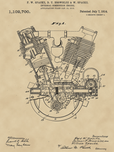 Kép betöltése a galériamegjelenítőbe: Motor vintage, industrial stílusú poszter, 1914-es amerikai szabadalmi rajz alapján