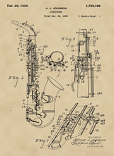 Kép betöltése a galériamegjelenítőbe: Szaxofon, vintage, industrial stílusú poszter 1926-os amerikai szabadalmi rajz alapján