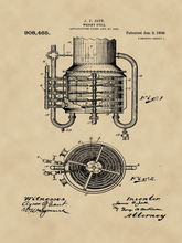 Kép betöltése a galériamegjelenítőbe: Whiskey lepárló, vintage, industrial stílusú poszter, 1909-es amerikai szabadalmi rajz alapján
