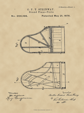 Kép betöltése a galériamegjelenítőbe: Zongora, Steinway vintage, industrial stílusú poszter, 1926-os amerikai szabadalmi rajz alapján