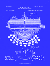 Kép betöltése a galériamegjelenítőbe: Írógép, vintage, industrial stílusú poszter, 1897-es amerikai szabadalmi rajz alapján