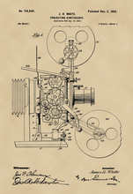 Kép betöltése a galériamegjelenítőbe: Vetítőgép, kinetoszkóp, vintage, industrial stílusú poszter, 1902-es amerikai szabadalmi rajza alapján