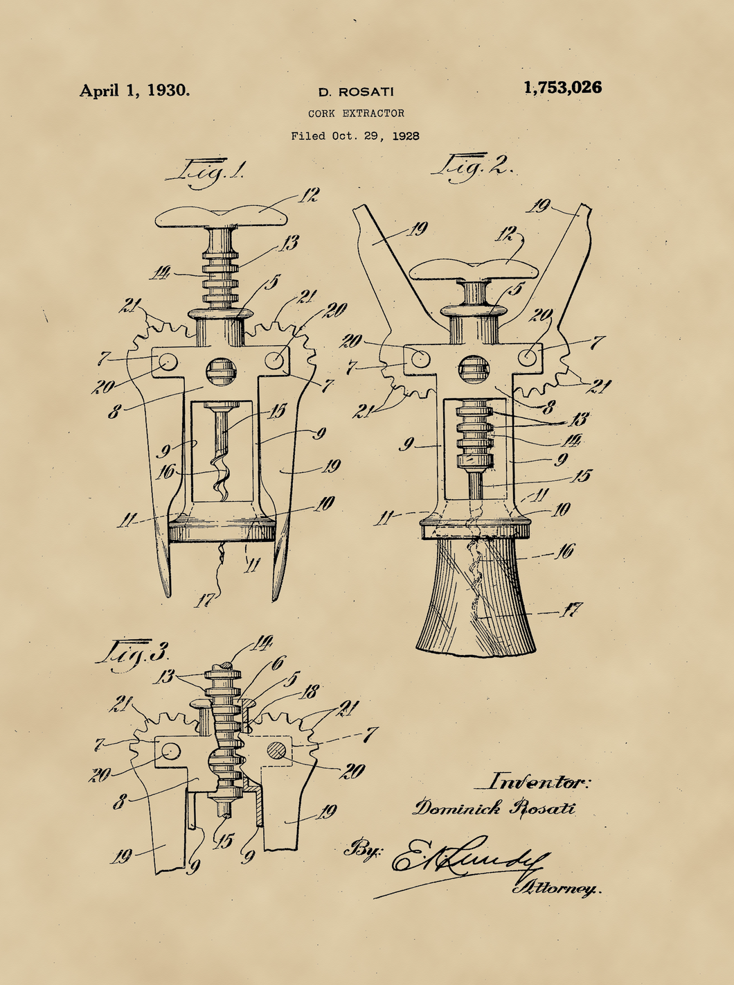 Dugóhúzó, vintage, industrial stílusú poszter 1930-as amerikai szabadalmi rajz alapján