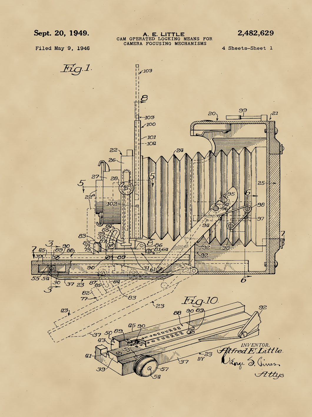 Fényképezőgép, vintage, industrial stílusú poszter, 1949-es  amerikai szabadalmi rajza alapján