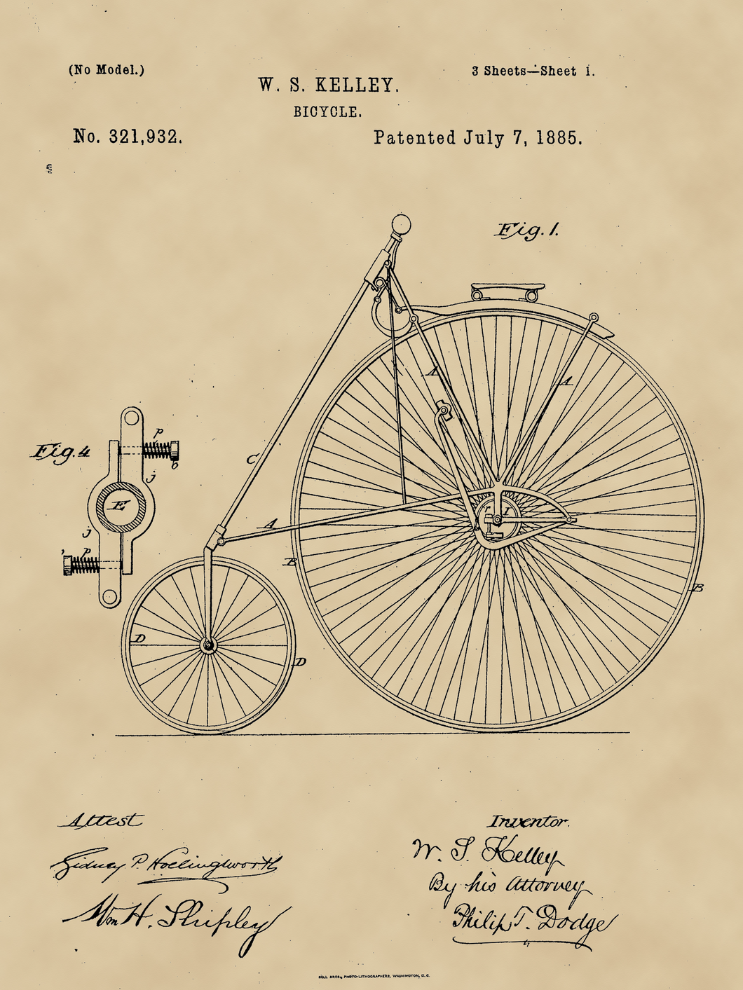 Kerékpár, vintage, industrial stílusú poszter, 1885-ös amerikai szabadalmi rajza alapján
