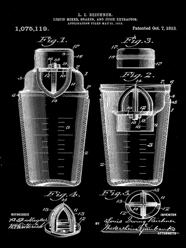 Koktél shaker, vintage, industrial stílusú poszter, 1913-as amerikai szabadalmi rajza alapján
