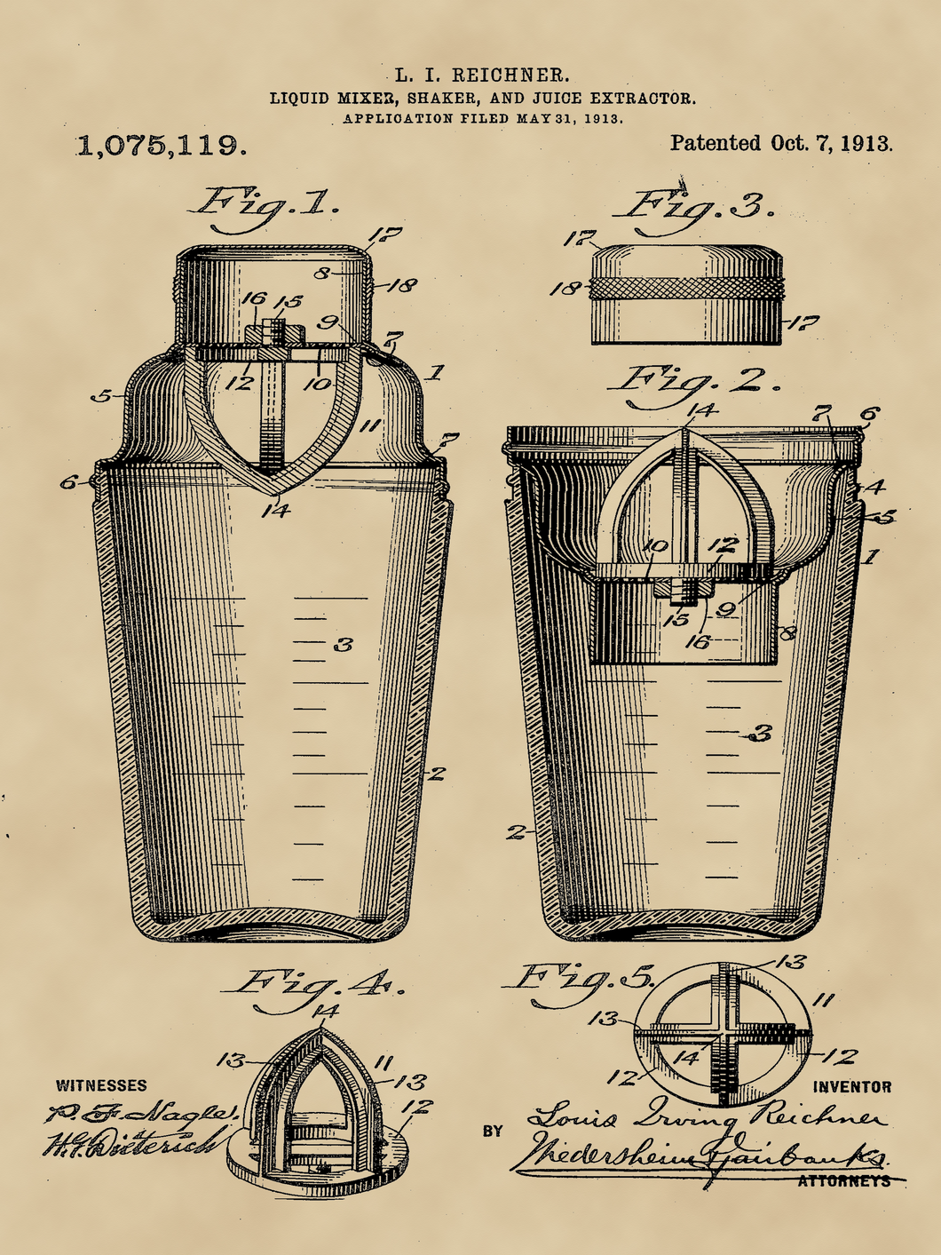 Koktél shaker, vintage, industrial stílusú poszter, 1913-as amerikai szabadalmi rajza alapján