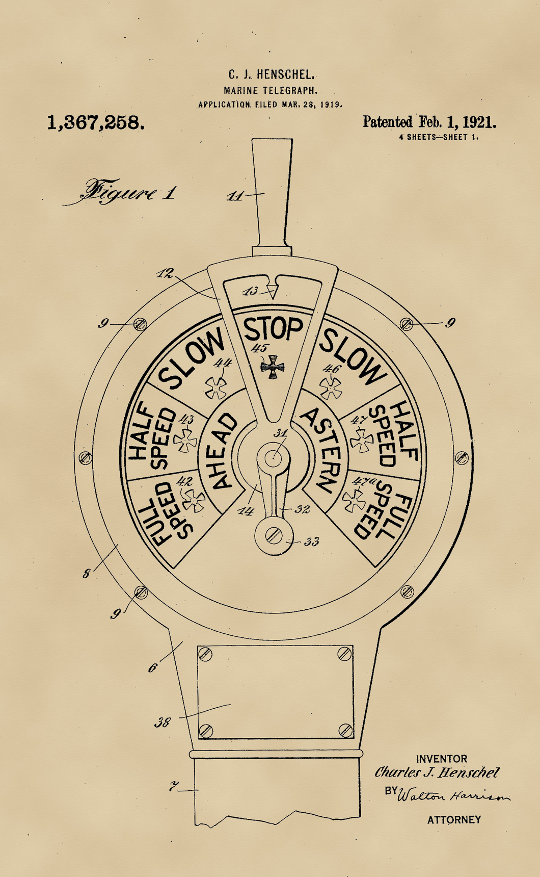 Hajó telegráf, vintage, industrial stílusú poszter, 1921-es amerikai szabadalmi rajz alapján