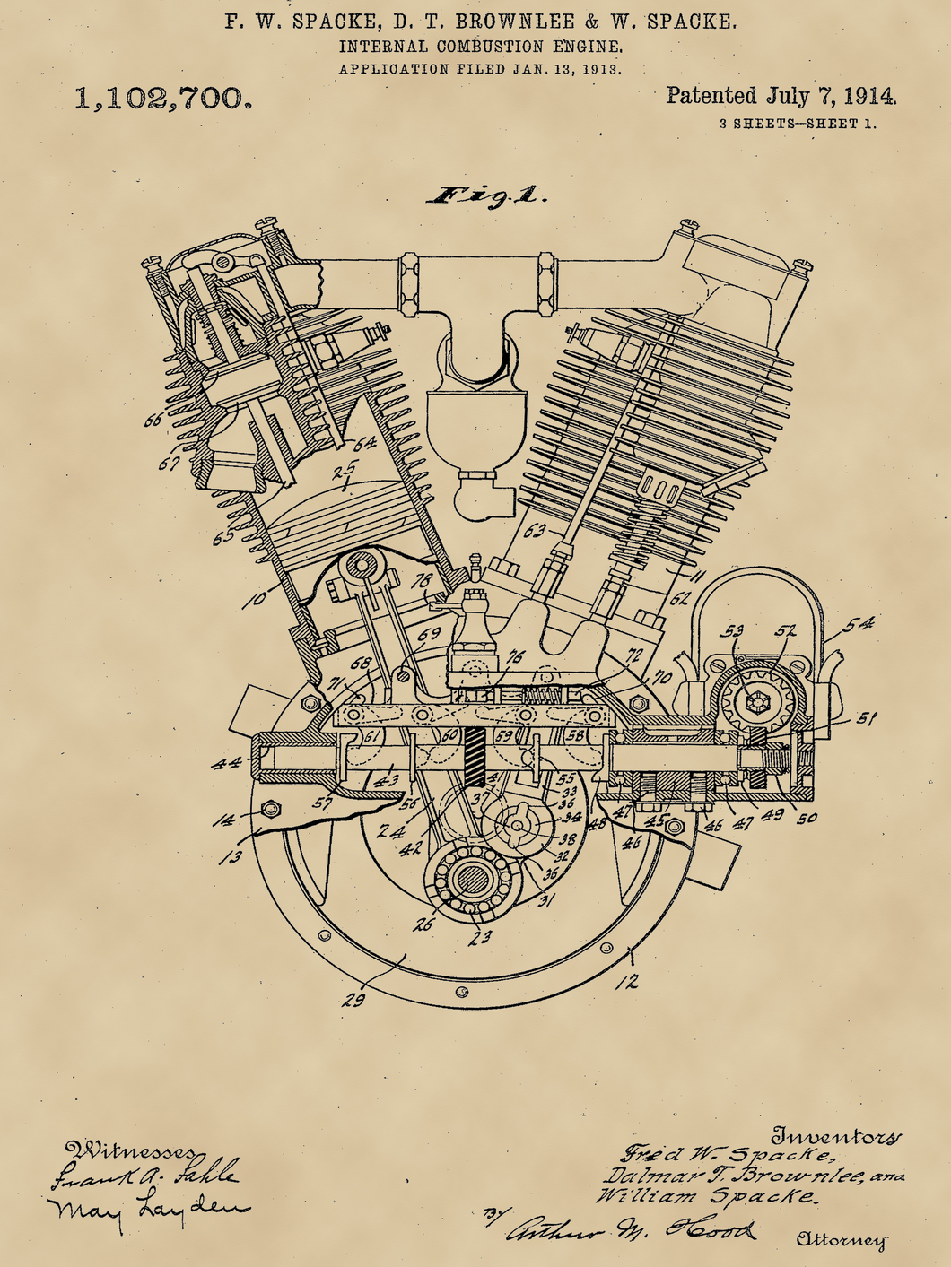Motor vintage, industrial stílusú poszter, 1914-es amerikai szabadalmi rajz alapján