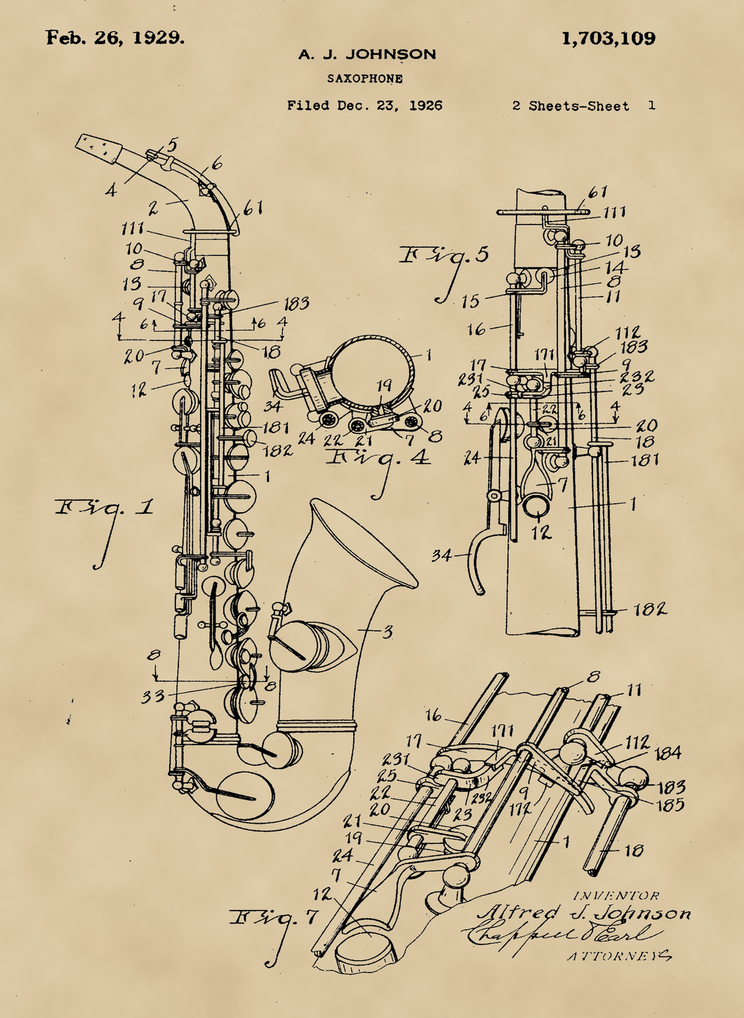 Szaxofon, vintage, industrial stílusú poszter 1926-os amerikai szabadalmi rajz alapján
