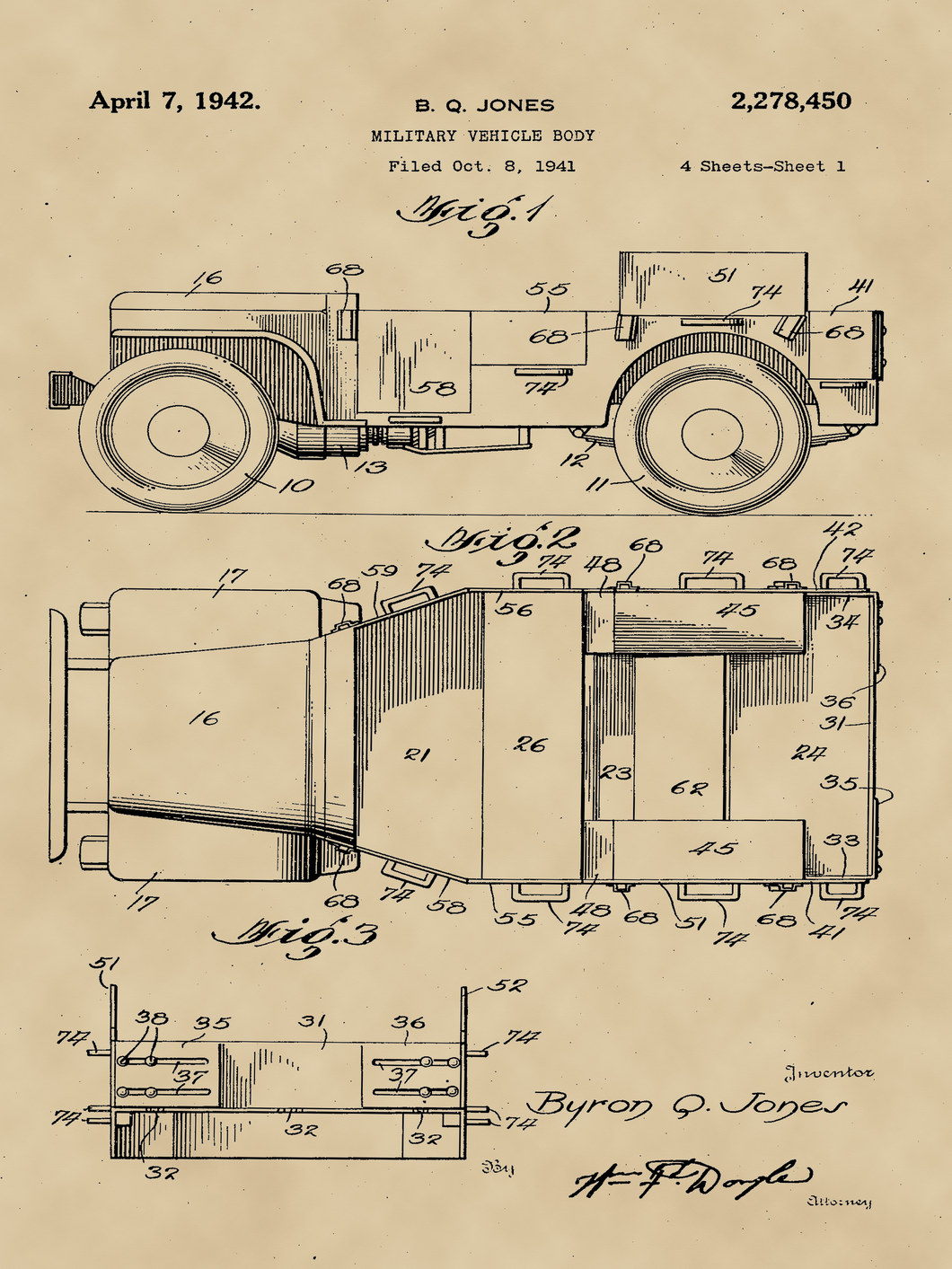 Katonai terepjáró, vintage, industrial stílusú poszter, 1942-es amerikai szabadalmi rajz alapján