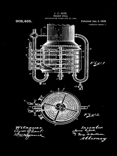 Whiskey lepárló, vintage, industrial stílusú poszter, 1909-es amerikai szabadalmi rajz alapján