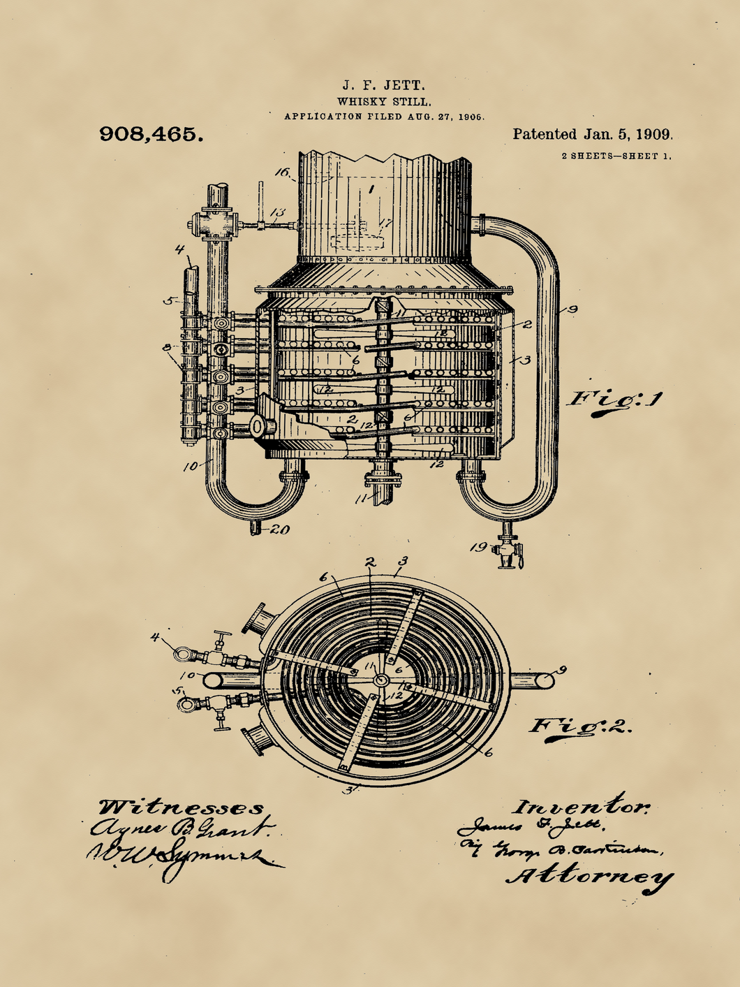 Whiskey lepárló, vintage, industrial stílusú poszter, 1909-es amerikai szabadalmi rajz alapján