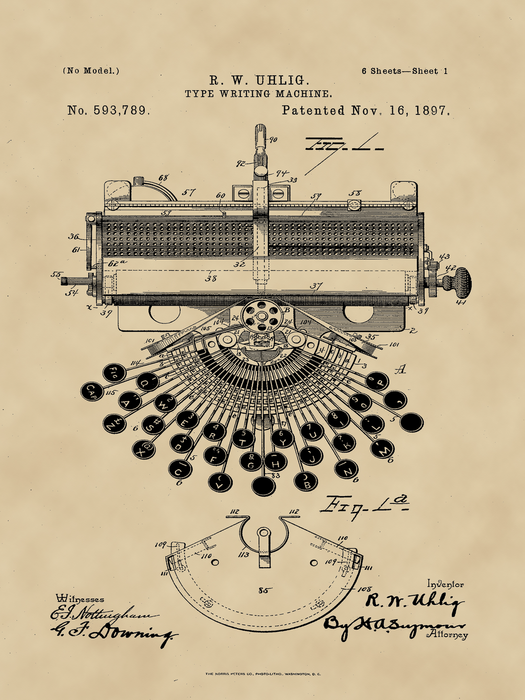 Írógép, vintage, industrial stílusú poszter, 1897-es amerikai szabadalmi rajz alapján