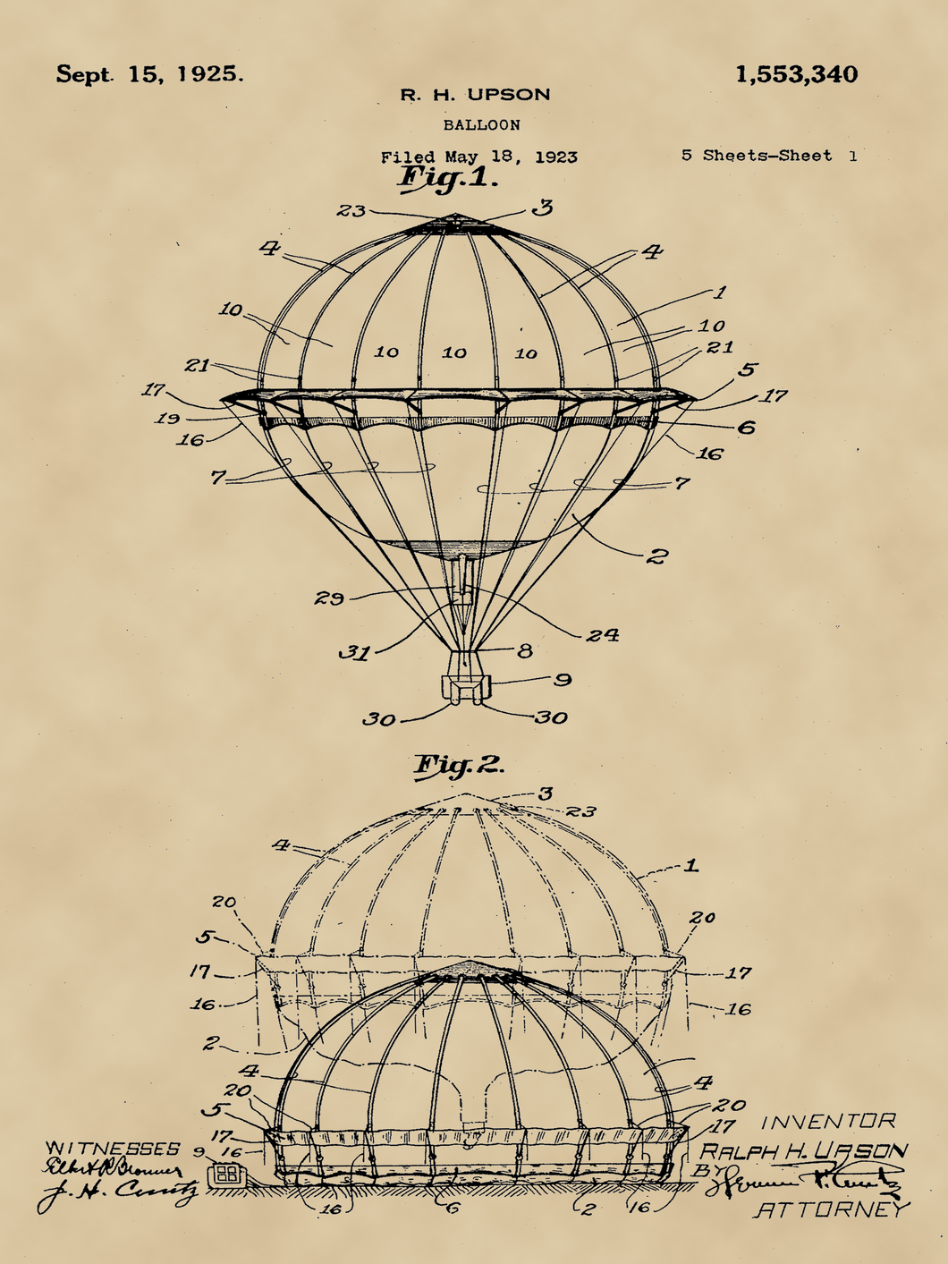 Légballon, vintage, industrial stílusú poszter, 1925-ös amerikai szabadalmi rajz alapján