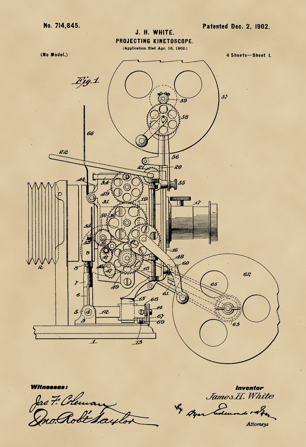 Vetítőgép, kinetoszkóp, vintage, industrial stílusú poszter, 1902-es amerikai szabadalmi rajza alapján